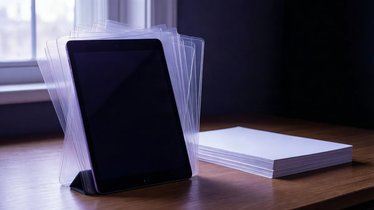 Una tableta oscura se apoya en láminas transparentes junto a un fajo de papel blanco sobre una mesa de madera.