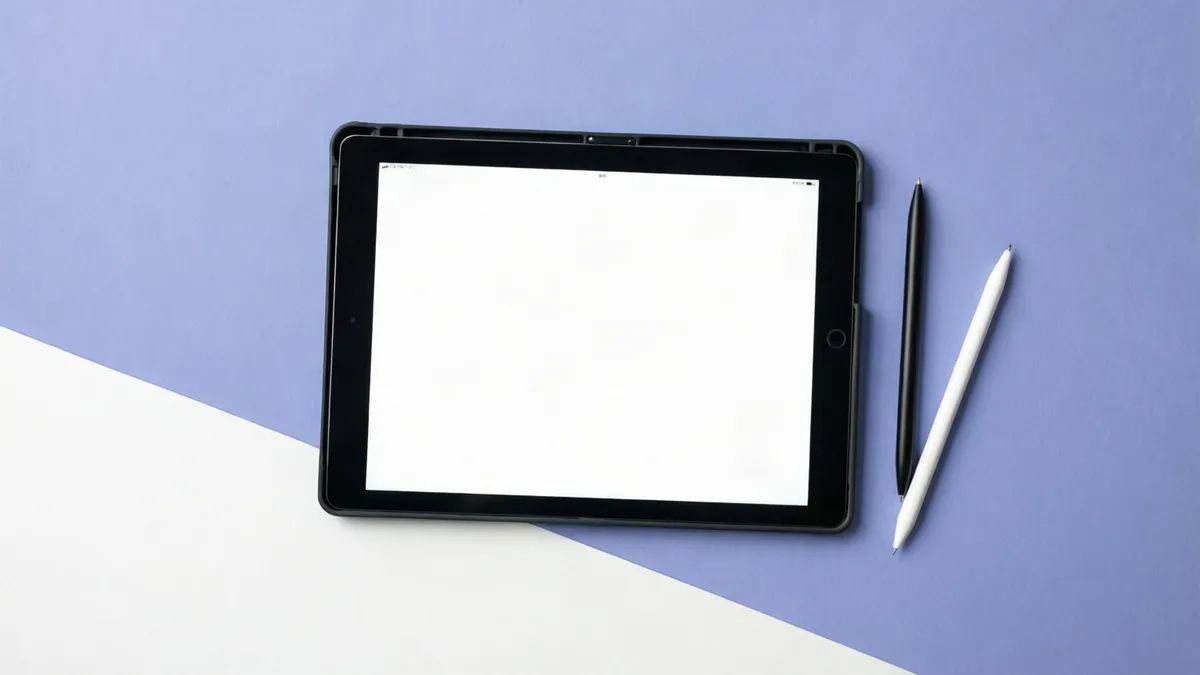 Tablet genérica junto a un lápiz digital sobre un escritorio lavanda y azul