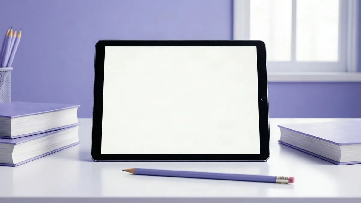 Tablet junto a libros y un lápiz sobre un escritorio de estudio