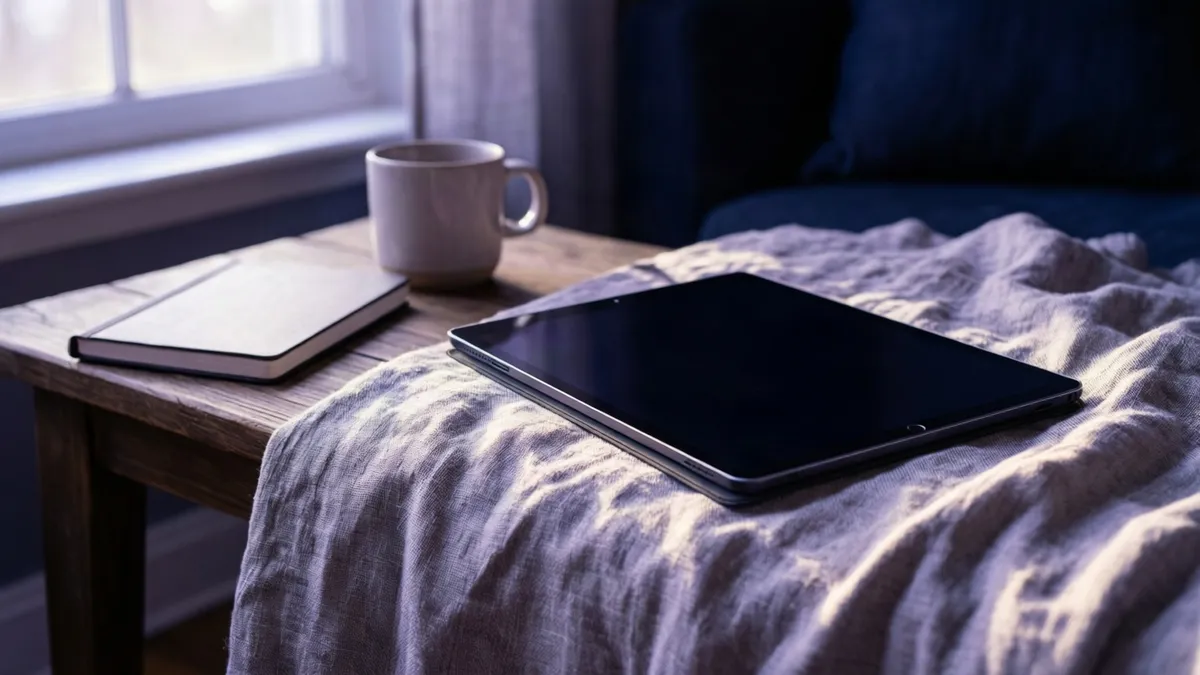 Una tablet y un cuaderno sobre una manta gris y mesa de madera, junto a una taza blanca.