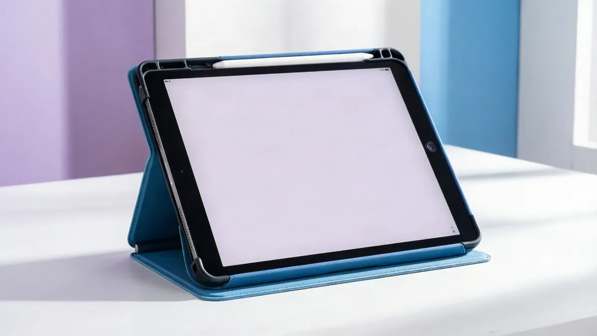 Tablet genérica con una funda sencilla sobre un escritorio blanco