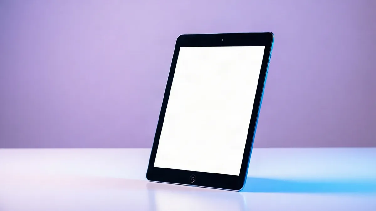 Tablet genérica erguida sobre un escritorio claro con fondo lavanda