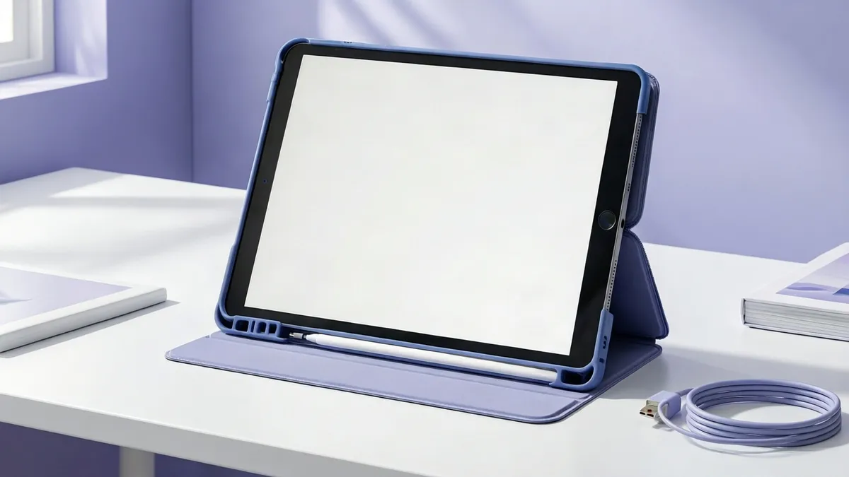 Tablet genérica con funda sencilla sobre un escritorio blanco